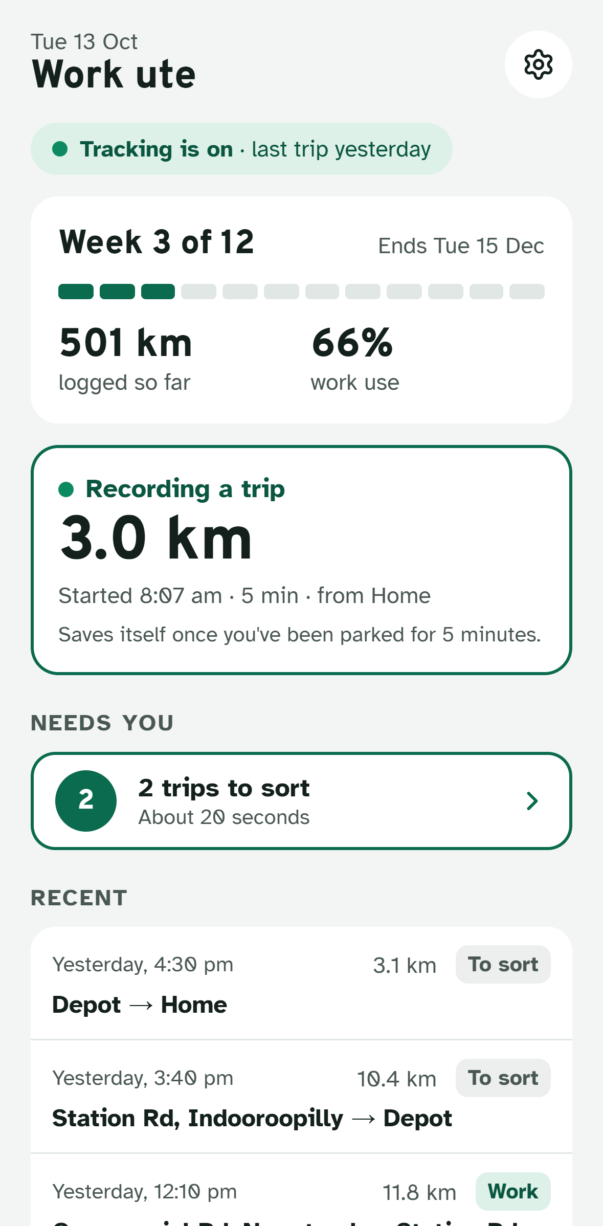 Just Drive's home screen: week 3 of 12, 501 km logged, 66% work use, a trip being recorded live at 3.0 km from Home, 2 trips to sort, and yesterday's trips.